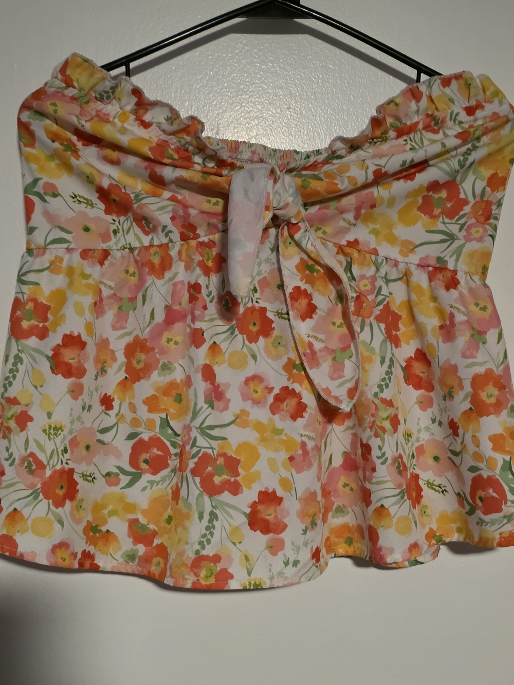 SHEIN White Strapless Floral Tie-Front Top with Coral & Yellow Print